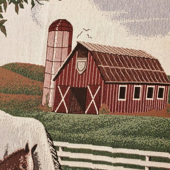 Vintage 90s Farm Horse Barn Fringe Tapestry Blanket 65 X 44 Mare Colt - Picture 3 of 8